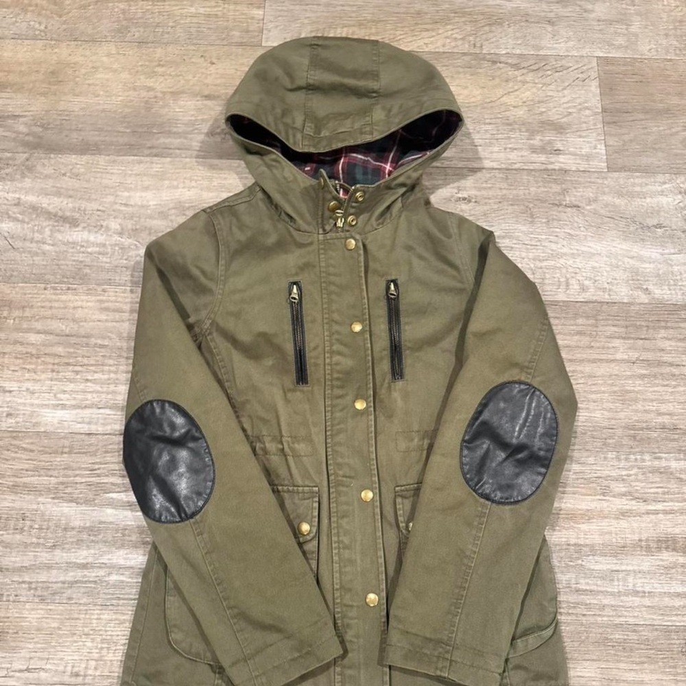 Topshop Olive Green Hooded Jacket w/ Black Leather Patches